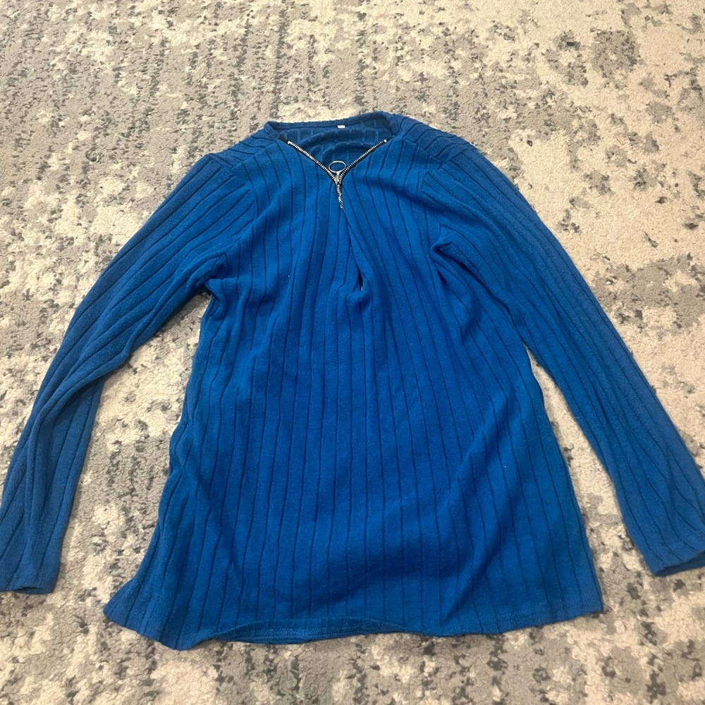 Blue Ribbed Long Sleeve Top